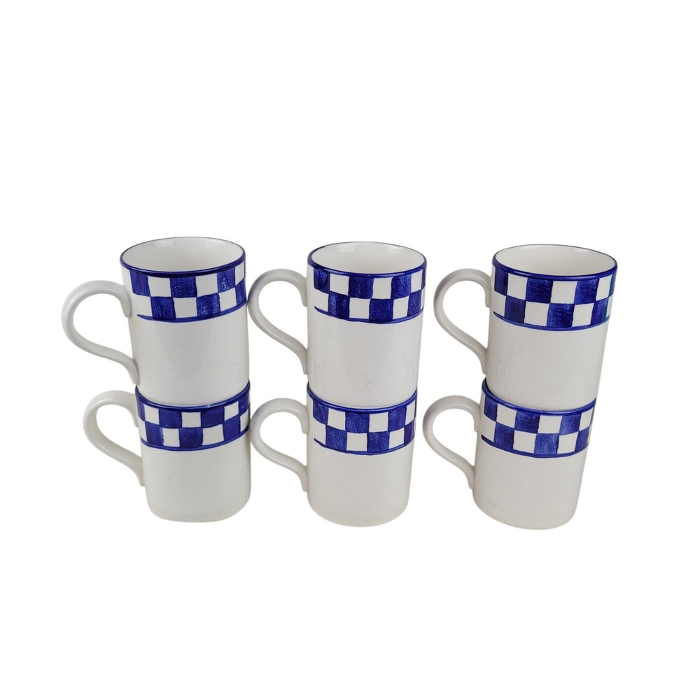 Baum Bros Style-Eyes Blue White Checkered Coffee‎ Mugs Set of 6 Ceramic Cups